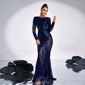 Long Sleeve Temperament Crew Neck Sexy Long Sequined Banquet Evening Dress - Picture 1 of 7