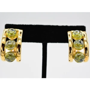 Givenchy Vintage Cabochon Clip On Earrings Chunky Green Gold Signed 1980s BinAG - Picture 1 of 12