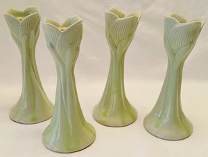 x4 Candle Sticks Light Green Stem Petal Colonial Candle Japan Mcm Vtg Glaze  - Picture 1 of 7