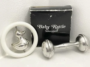 Vintage Baby Rattles Set of 2 Silver Plated Duck & Web Pewter Barbell Toy - Picture 1 of 6