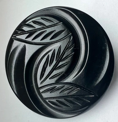 XL Vintage collectible carved bakelite button ~Black~ 3 Leaves ~1-9/16" - Image 1 of 3