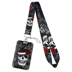 Gothic Skull Hat & Rose Design ID Card Holder & Keys Phone Lanyard Strap - Picture 1 of 8