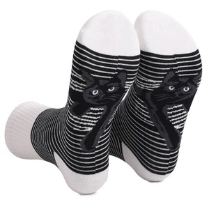 Unisex Novelty Black White Striped Crew Socks Cute Cartoon for Cat Print Hosiery - Picture 1 of 8