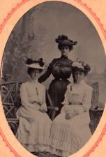 6th plate tintype three beautiful women friends in Victorian fashion dress& hats