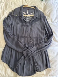 FREE PEOPLE Blue L/S Button Up Shirt Blouse Top w/ Lace Mesh Top Area M - Picture 1 of 5
