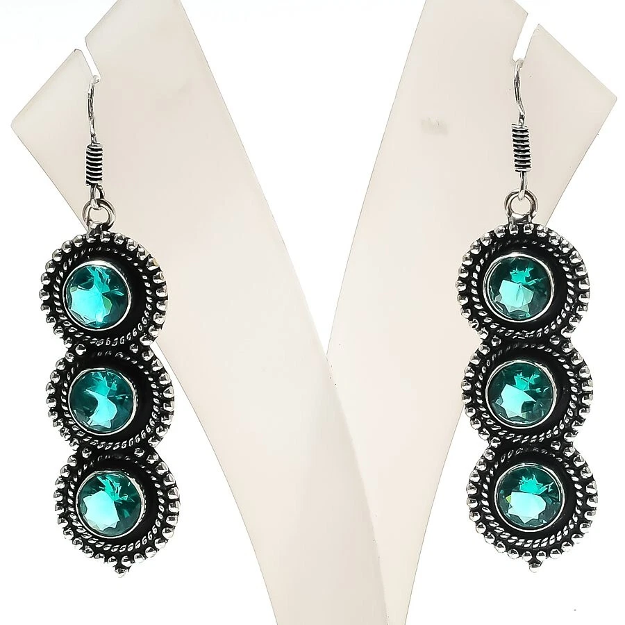 Mint Tourmaline Gemstone Handmade 925 Sterling Silver Jewelry Earring Sz 2.50'' - Image 1 of 1