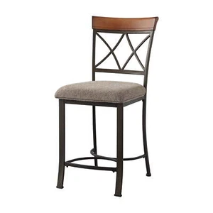 Metal Counter Stool Padded Beige Seat Wood Trim in Matte Pewter - Picture 1 of 6