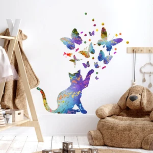 Colourful Cat & Butterflies Wall Decal Sticker Splattered Paint Nursery Decor AU - Picture 1 of 4