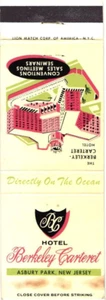 Asbury Park New Jersey Hotel Berkeley Carteret Vintage Matchbook Cover - Picture 1 of 2
