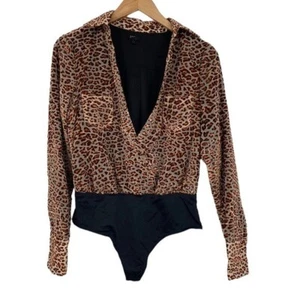 NBD Bodysuit Womens Small Orange Black Leopard Print Velvet Burnt Out Revolve - Picture 1 of 11