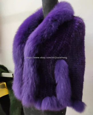 Abrigo tejido 100 % piel de visón real precio de fábrica con cuello de zorro envolturas de capa 6 colores Foto 1 de 4