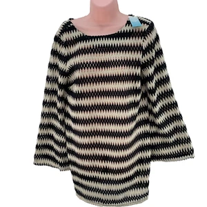 New Look Crochet Mini Beach Dress, Flared Sleeve, Size S, Black/Cream Stripe - Picture 1 of 14