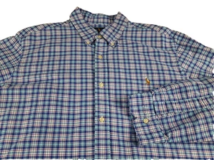 Camisa Ralph Lauren Para Hombre XL Manga Larga Azul A Cuadros Abotonada Carne Poni - Imagen 1 de 8