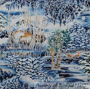 BonEful Fabric FQ Cotton Quilt White Blue Deer Tree Silver Metallic Scenic Xmas - Picture 1 of 1