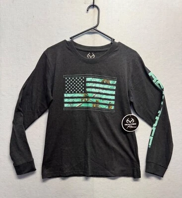 Realtree Long Sleeve Shirt M Charcoal Gray W/ Teal Camo Flag Design - Image 1 of 4