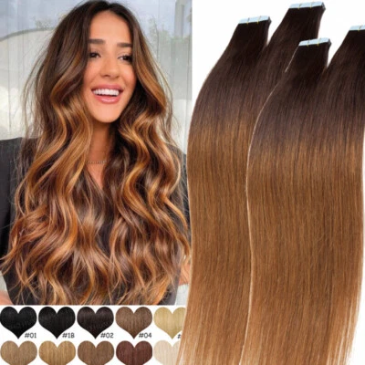 100g Thick Tape In Real Human Hair Extensions Skin Weft Full Head 40pc Xmas Gift - Image 1 of 4
