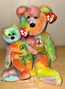 ty Peace Beanie Babies 1999 Buddies 1996 Tie Dye Rainbow Bear Set MWMT - Picture 1 of 16