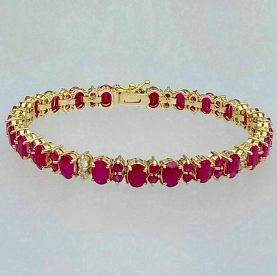 7CtOval Cut Pink Ruby Lab-Created WomensTennis Bracelet 14KYell Gold Plated 7.5" - Image 1 of 4