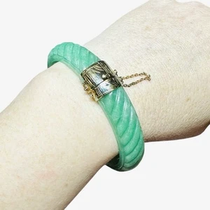 14K Gold Vermeil Over 925 Sterling Silver Carved Green Jade Bangle Bracelet 55 g - Picture 1 of 24