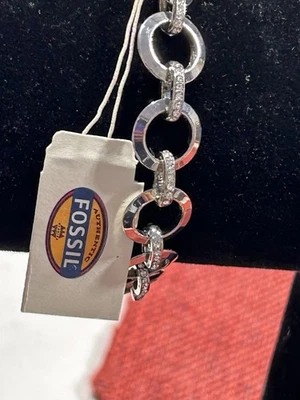 "Brazalete tono plata cristal pavé acero inoxidable firmado por fósil 7,5""" Foto 1 de 4
