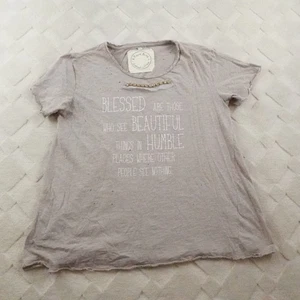 A Rare Bird Poetry T-Shirt Womens Medium Tunic Top Distressed Rhinestone - Picture 1 of 12