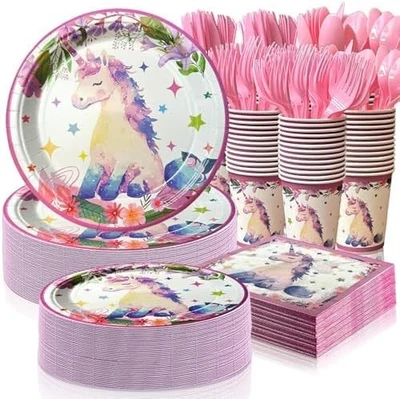 Juego de 350 piezas de platos y servilletas de cumpleaños unicornio incluye platos desechables Dess Foto 1 de 4
