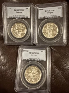 1938, 1938-S, 1938-D set of 3 Oregon Commemorative 50C PCGS MS66/MS6 Half Dollar - Picture 1 of 7