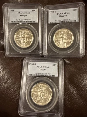 1938, 1938-S, 1938-D set of 3 Oregon Commemorative 50C PCGS MS66/MS6 Half Dollar - Image 1 of 4