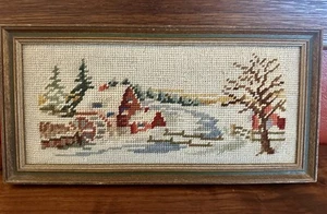 Vintage Winter Scene With Tree & Gristmill Finished Needlepoint Framed 14” X 7” - Picture 1 of 4