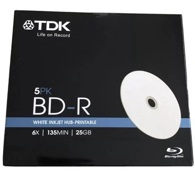 New 5 Discs TDK Blu Ray 6x BD-R 25GB Inkjet Hub Printable with Jewel Case - Image 1 of 2