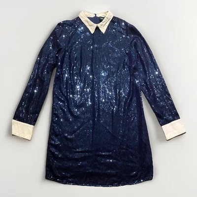 Mini Vestido Camisa Manga Larga Fiesta Noche Lentejuelas Azul Marino Asos Para Mujer Talla US 4 Foto 1 de 4