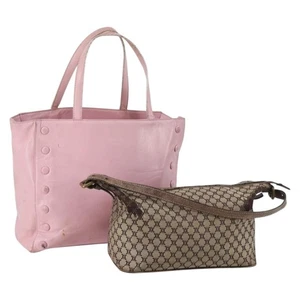 CELINE Macadam Canvas Tote Bag Leather 2 Set Pink Beige Auth 143396 - Picture 1 of 17