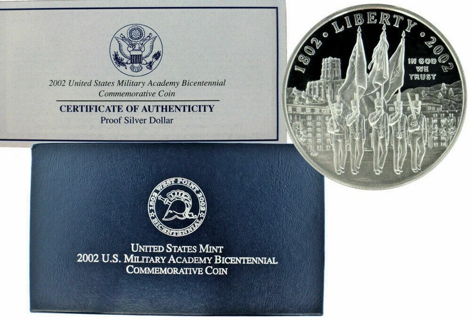 2002 W US Commemorative Military Academy Proof Silver Dollar Coin w/ Box & COA - Image 1 of 1