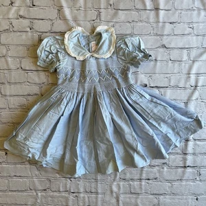Vintage 1980s Monica Noel Connecticut Hand Smocked Girls Blue Dress 3 80s Puff - Picture 1 of 17