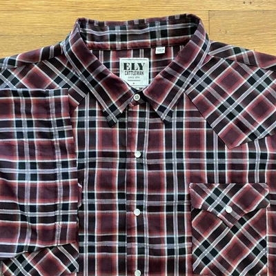 Ely Cattleman Shirt Mens 3XL Red Black Plaid Western Pearl Snap Short Sleeve - Image 1 of 4