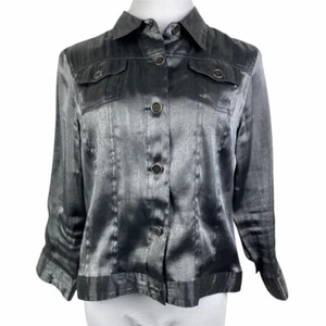 Ruby Rd. Metallic Button Down Shirt Women's 12 Gray Shiny 3/4 Sleeve Button Cuff - Picture 1 of 9