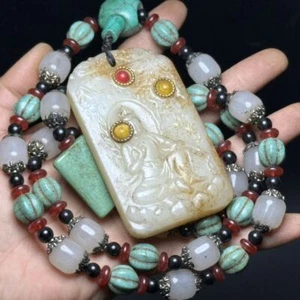 Collana Vintage Giada Bianca Ciondolo Intarsiato Dzi Perline Turchese Amuleto Buddista - Foto 1 di 5