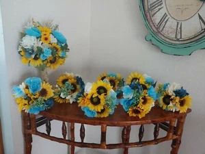  Wedding flowers bridal bouquets decorations sunflowers turquoise  - Picture 1 of 8