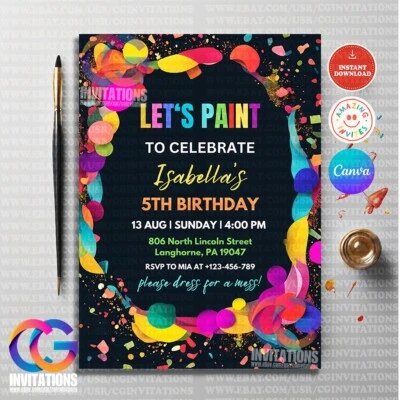 EDITABLE Paint Birthday Party Invitation Template, Rainbow Colorful Template - Image 1 of 4