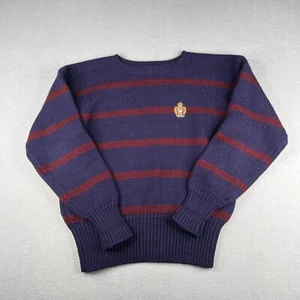 Vintage Polo Ralph Lauren Wool Sweater XL Navy Blue Striped Crest Chunky Knit - Picture 1 of 11
