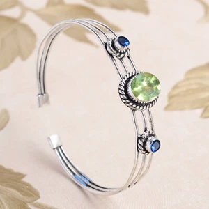 Faceted Peridot & Tanzanite Gemstone 925 Sterling Silver Cuff Bangle For Couple - Picture 1 of 6