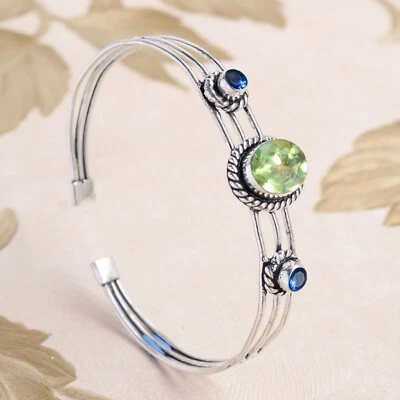 Faceted Peridot & Tanzanite Gemstone 925 Sterling Silver Cuff Bangle For Couple - Image 1 of 4