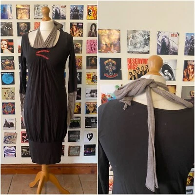 Vintage 90's Y2K Cop copine black grey dress halter neck grey long sleeves ruche — 第 1/4 张图片