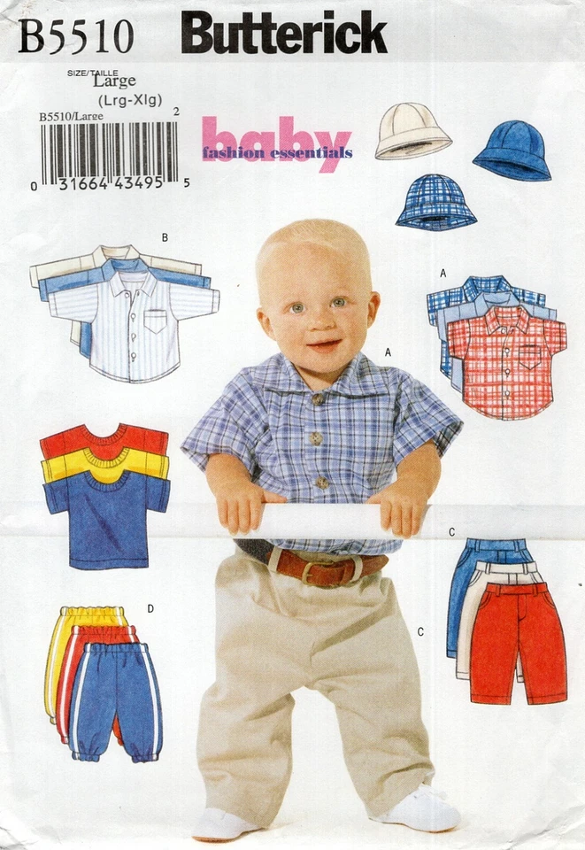 Butterick B5510 Baby Boy Shirts, Tees, Pants & Bucket Hat Sz L-XL UNCUT Pattern - Image 1 of 3