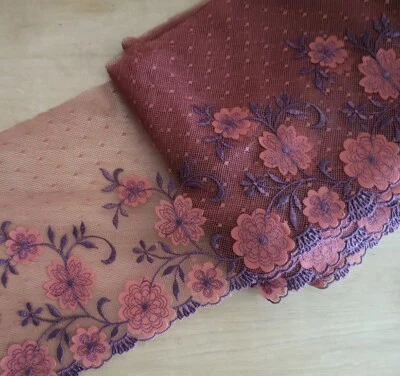 4.5 Yards 7" Wide Rust Red Tulle Mesh Lace with Embroidered Caramel Flower xh023 - Image 1 of 2