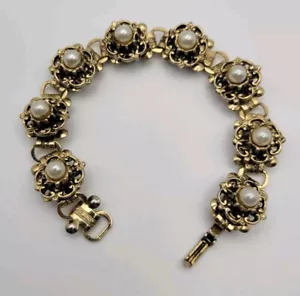 Vintage florales Gliederarmband goldfarben Blumen Perlenimitat Akzente - Bild 1 von 11