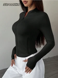 Long-Sleeve Yoga Jacket~Crop~Slim Fit, Quick-Dry, Zip-Up~Stand Collar Black - Picture 1 of 6