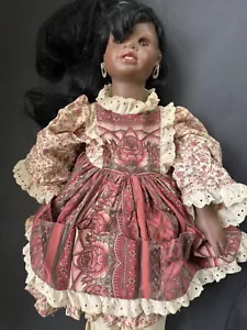 Porcelain African American Doll With Floral Dress & Lace Trim Black Hair Brown E - Picture 1 of 9