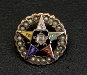 Antique 10K Gold Seed Pearl & Enameled ORDER OF THE EASTERN STAR Pin/Brooch - Bild 1 von 3