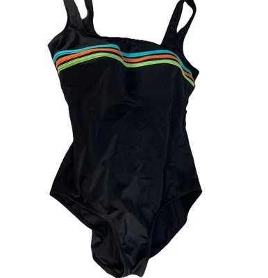 Traje de baño Fit 4 U de una pieza negro sin mangas talla 10 retro busto a rayas sujetador incorporado Foto 1 de 4